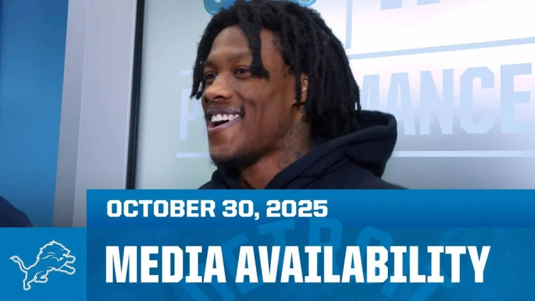 Jameson Williams, Amon-Ra St. Brown and Amik Robertson meet with the media October 30, 2025