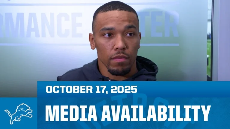 Amon-Ra St. Brown, Jameson Williams and DJ Reader meet with the media October 17, 2025