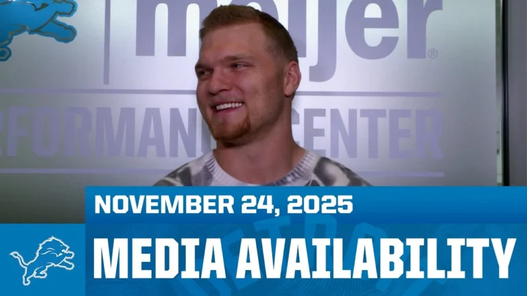 Detroit Lions players Aidan Hutchinson and Tate Ratledge meet with the media November 24, 2025