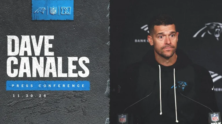 Dave Canales speaks to the media after Panthers 31-28 win over Los Angeles Rams Carolina Panthers