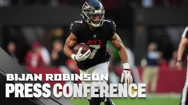 Bijan Robinson celebrates 2k yds from scrimmage & Falcons win over Cardinals Press Conference
