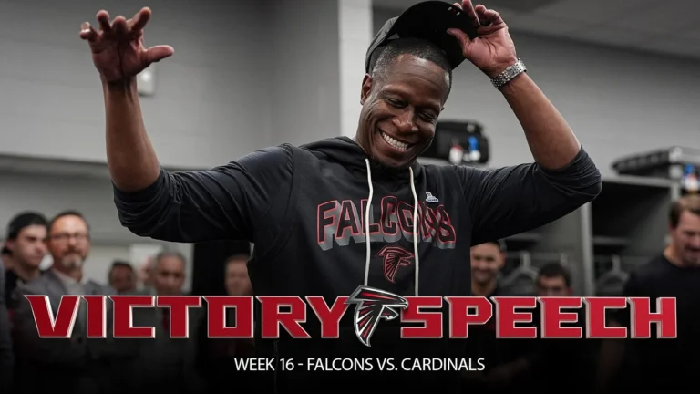 Raheem Morris gives out game balls during postgame locker room speech Falcons vs. Cardinals