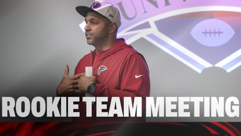 GM Ian Cunningham speaks to his first rookie class in Falcon University meeting Atlanta Falcons