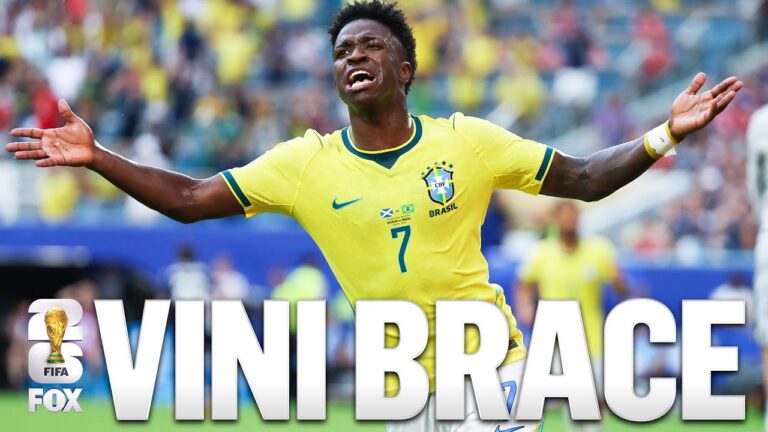 Brazil’s Vinícius Júnior scores TWICE before the break against Scotland