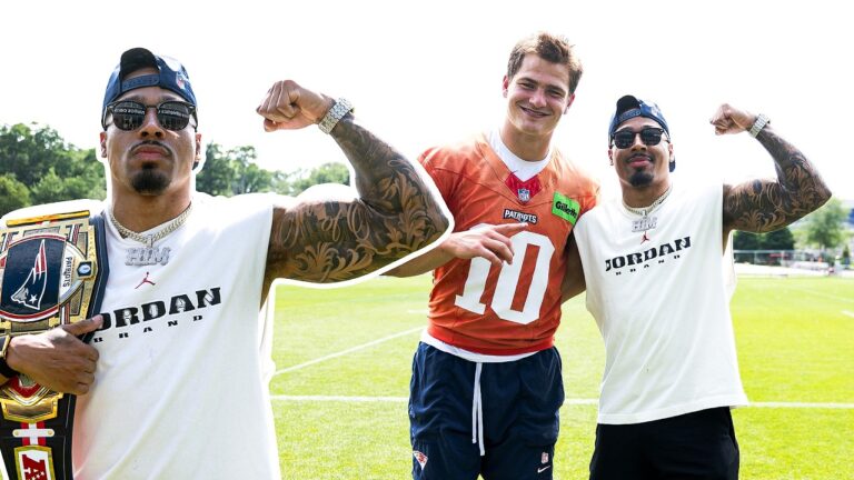 WWE Superstar Carmelo Hayes Visits Drake Maye & A.J. Brown at Patriots Minicamp