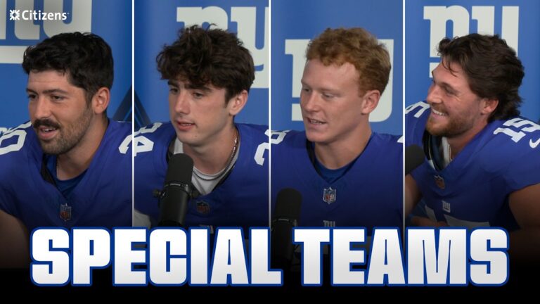 Jordan Stout, Dominic Zvada, Ben Sauls, Ben Mann Giants Huddle New York Giants